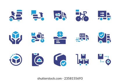 Delivery icon set. Duotone color. Vector illustration. Containing delivery truck, return, delivery bike, package, scooter, shipping, care, box, delivery courier.