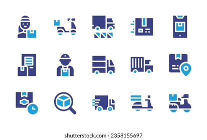 Delivery icon set. Duotone color. Vector illustration. Containing delivery truck, trolley, package, scooter, parcel, packing, shipping.