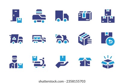 Delivery icon set. Duotone color. Vector illustration. Containing scooter, truck, package, delivery man, service, time.