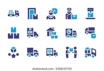 Delivery icon set. Duotone color. Vector illustration. Containing take away, renewal, lunch time, information, delivery, pallet, cargo, quality control, scooter.