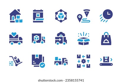 Delivery icon set. Duotone color. Vector illustration. Containing order tracking, delivery van, delivery, shopping bag, time, truck, scooter, motorbike, trolley.