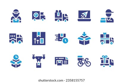 Delivery icon set. Duotone color. Vector illustration. Containing box, truck, delivery man, fast delivery.