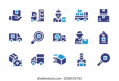 Delivery icon set. Duotone color. Vector illustration. Containing door delivery, box, fast, truck, drone, delivery man, cash on delivery, route, trolley.