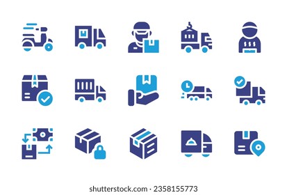 Delivery icon set. Duotone color. Vector illustration. Containing delivery, drone delivery, delivery truck, trolley, remove, pay, location, box.