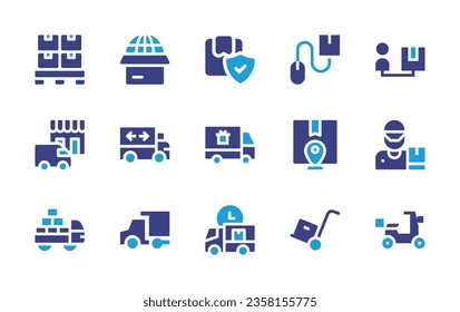 Delivery icon set. Duotone color. Vector illustration. Containing trolley, global, delivery truck, timetable, global shipping, delivery service.
