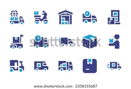Delivery icon set. Duotone color. Vector illustration. Containing delivery, delivery time, delivery man, truck, supply chain, box, trolley, weight scale.