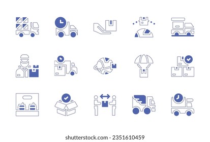 Juego de iconos de entrega. Curso de línea de estilo duotónico y negrita. Ilustración vectorial. Conteniendo envío, camión de entrega, entrega rápida, global, aire.