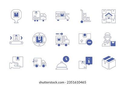 Symbol für Lieferung gesetzt. Duotone Stil Linie Strich und fett. Vektorgrafik. Umfasst Standort, Lieferwagen, Trolley, Vertrieb, Logistik, Lieferbox, Abholung, Kurier, Lieferung, Express.