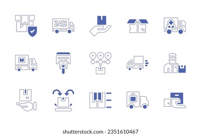 Delivery icon set. Duotone style line stroke and bold. Vector illustration. Containing delivery, care, box, truck, scooter, parcel, fast delivery, man, packing, shipping.