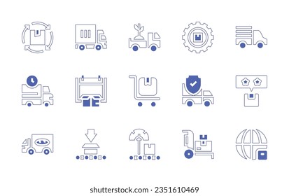 Delivery icon set. Duotone style line stroke and bold. Vector illustration. Containing delivery box, truck, delivery, day, shipment, packaging, weight, trolley.