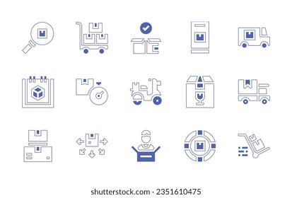 Delivery icon set. Duotone style line stroke and bold. Vector illustration. Containing tracking, trolley, check, list, van, calendar, delivery time, delivery, fragile, shipping, packages, parcel.