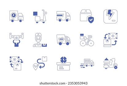 Delivery icon set. Duotone style line stroke and bold. Vector illustration. Containing verification, distribution, pay, location, approve, logistics, open box, trolley, box, click.
