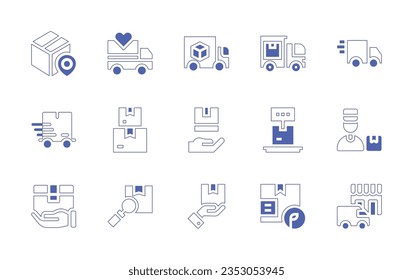 Delivery icon set. Duotone style line stroke and bold. Vector illustration. Containing truck, bike, delivery, trolley, lock.