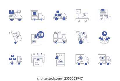 Delivery icon set. Duotone style line stroke and bold. Vector illustration. Containing shipping, parachute, search, truck, forklift, time, management, trolley, parcel.