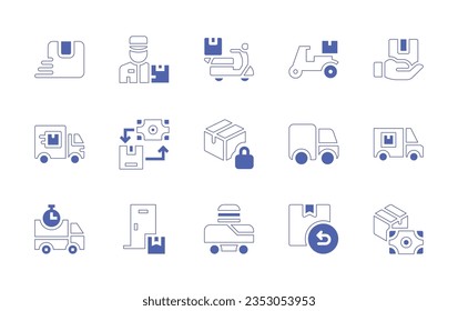 Delivery icon set. Duotone style line stroke and bold. Vector illustration. Containing trolley, product, package, weight scale, delivery man, shipping, cardboard, delivery.