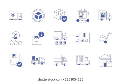 Delivery icon set. Duotone style line stroke and bold. Vector illustration. Containing delivery truck, drone, van, home delivery, delivery man, bike.