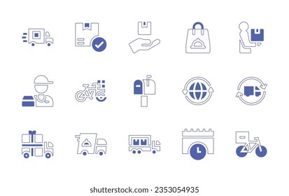 Delivery icon set. Duotone style line stroke and bold. Vector illustration. Containing delivery man, truck, bike, cart, fast delivery, van, delivery.