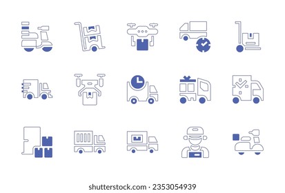 Delivery icon set. Duotone style line stroke and bold. Vector illustration. Containing box, delivery, cardboard, cart, handle with care, motorbike, delivery man.