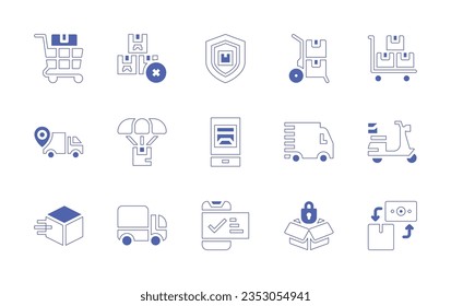 Delivery icon set. Duotone style line stroke and bold. Vector illustration. Containing truck, bike, cash on delivery, time, delivery man.