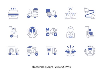 Delivery icon set. Duotone style line stroke and bold. Vector illustration. Containing overload, truck, supply chain, boxes, box, delivery, stacking.
