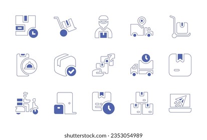 Delivery icon set. Duotone style line stroke and bold. Vector illustration. Containing open box, truck, cardboard, shipping, scooter, important, calendar, transport, motorbike.