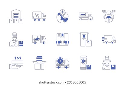 Delivery icon set. Duotone style line stroke and bold. Vector illustration. Containing truck, shipping, service, satisfaction, truck, delivery, delivery man.