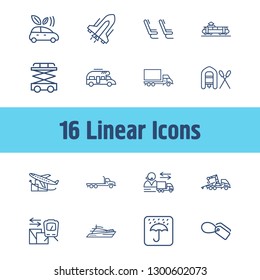 Delivery icon set and flatbed truck with rubber boat, keep dry sign and passenger seats. Umbrella related delivery icon vector for web UI logo design.