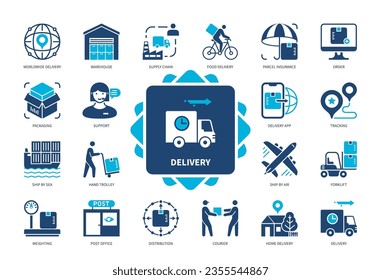 Delivery icon set. Food Delivery, Weighting, Supply Chain, Support, Parcel Insurance, Packaging, Forklift, Worldwide Delivery. Duotone color solid icons