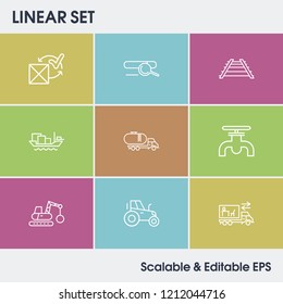 Delivery icon set and gasoline pipe with search box, demolition crane and tractor. SEO related delivery icon vector for web UI logo design.