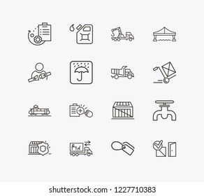 Delivery icon set and gasoline pipe with seat belt, inspection and gas can. Discount label related delivery icon vector for web UI logo design.