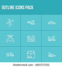 Lieferung Icon Set und Benzinrohr mit Müllwagen, Förderer und LKW. Signpost-bezogene Lieferung Symbol Vektorgrafik für Web UI Logo Design.