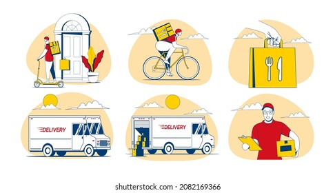 Delivery icon set with delivery guy or courier character and delivery truck. Vector illustration