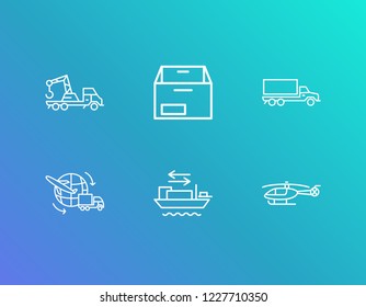 Delivery icon set and helicopter with crane truck, global logistics service and empty box. Lorry related delivery icon vector for web UI logo design.