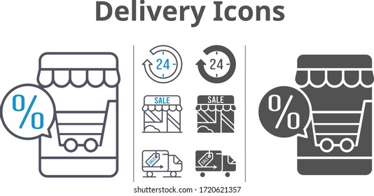 delivery icon set included online shop, 24-hours, shop, delivery truck icons