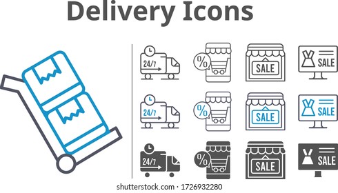 delivery icon set included online shop, shop, delivery truck, trolley icons