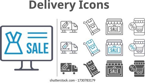 delivery icon set included online shop, shop, delivery truck, trolley icons