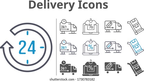 delivery icon set included online shop, 24-hours, delivery truck, trolley icons