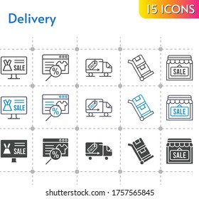 delivery icon set. included online shop, shop, delivery truck, trolley icons on white background. linear, bicolor, filled styles.