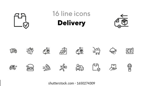 Delivery icon set. Line icons collection on white background. Food, parcel, box. Express delivery concept. Can be used for topics like logistic, service, transportation