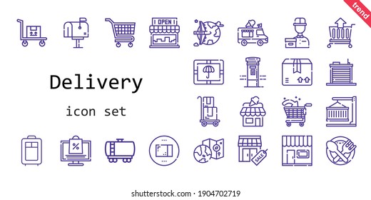 delivery icon set. line icon style. delivery related icons such as container, delivery, fuel truck, online shopping, shop, package, delivery courier, stores, store, warehouse, food