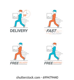 Delivery icon set. Delivery man service, order, 24 hour, fast and free worldwide shipping. Thin line icon vector illustration.
