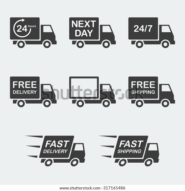delivery icon set. next day delivery, free\
delivery and fast delivery, free shipping and fast shipping, 24/7\
and 24 hour delivery. vector\
illustration