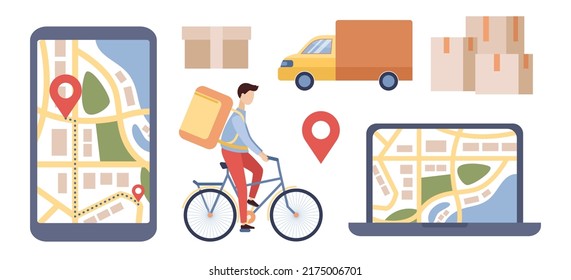 Delivery icon set. Online order tracking in smartphone app and web site on laptop. Truck, boxes and bicycle courier. Vector flat illustration 