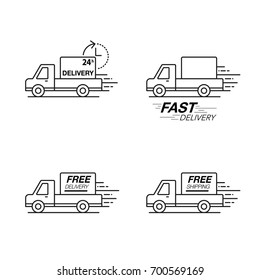 Delivery icon set. Pickup service, order, 24 hour, fast and free worldwide shipping. Modern line icon vector illustration.