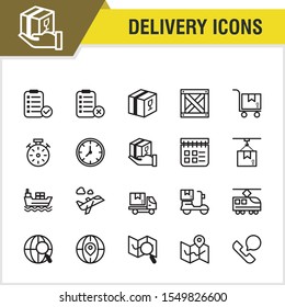 Delivery Icon set Related Vector Line Icons. Contains such Icons as Box, transportation, time, calendar, map, package, and 20 other icon