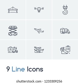 Delivery icon set and scissor lift with bridge, garbage truck and ship by air. Quadcopter related delivery icon vector for web UI logo design.