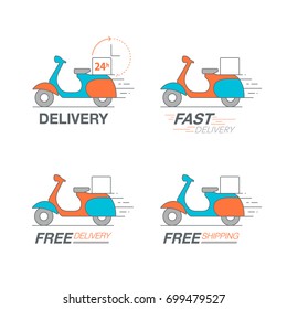Delivery icon set. Scooter motorcycle service, order, 24 hour, fast and free worldwide shipping. Thin line icon vector illustration.