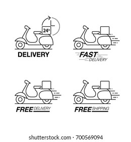 Delivery icon set. Scooter motorcycle service, order, 24 hour, fast and free worldwide shipping. Modern line icon vector illustration.