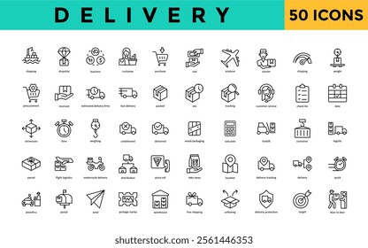 Delivery icon set with shipping, dropship, business, customer, purchase, cod, airplane, courier, weight, procurement icon. Simple line vector 
