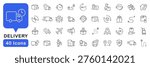 Delivery icon set. Shipping icons in line style. Editable web icons for delivery services, transportation, logistics, package tracking, ecommerce. Vector illustration.